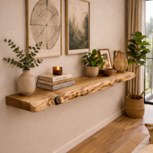 Prateleira flutuante em acácia com borda natural "live edge"