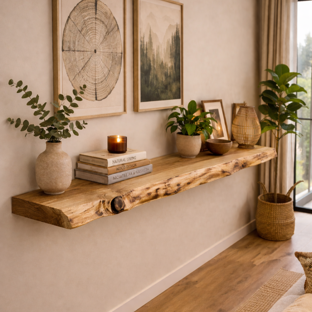 Prateleira flutuante em acácia com borda natural "live edge"